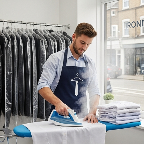Professional ironing service at The Big Wash Merton location showing staff member steam pressing white shirt with rack of freshly cleaned garments and folded laundry in bright storefront setting